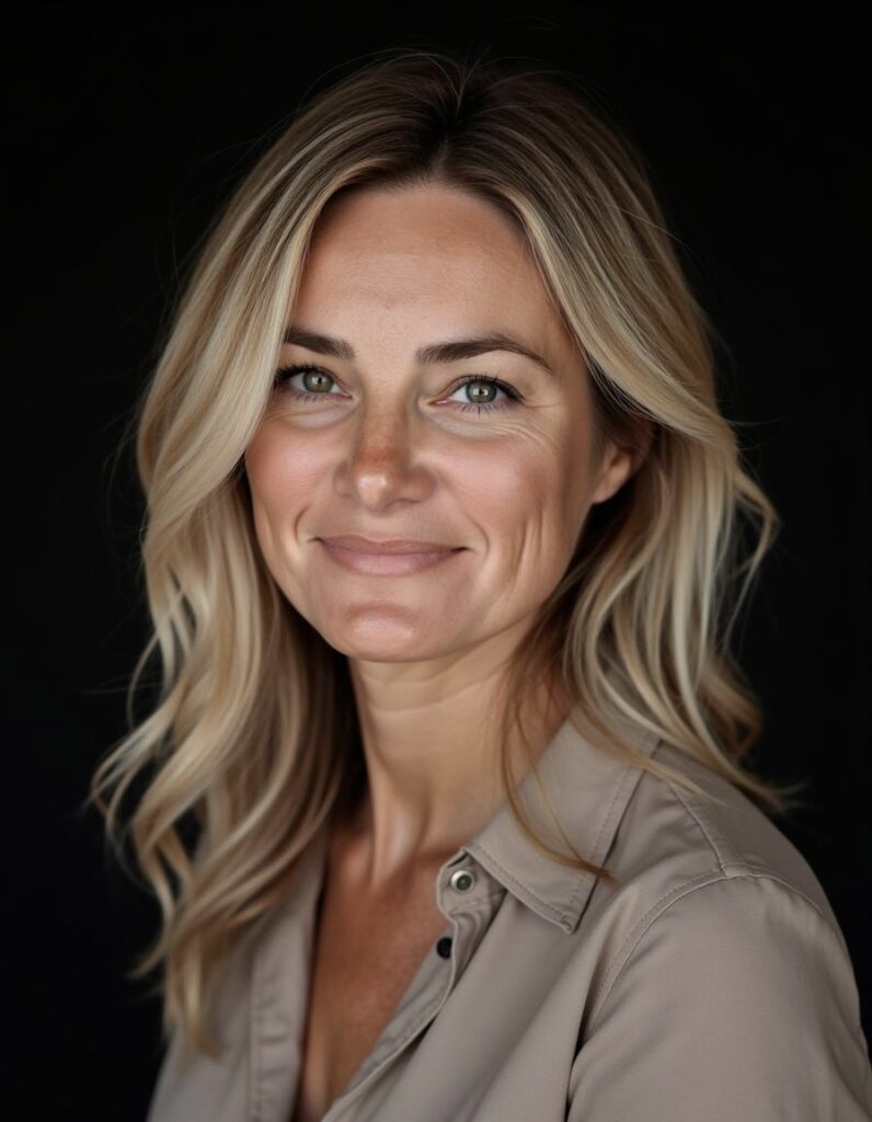 Smiling woman with long, wavy blonde hair and subtle makeup, wearing a light-colored shirt. The dark background emphasizes her friendly expression.
